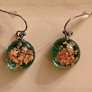 New Green glass with pressed flower earrings